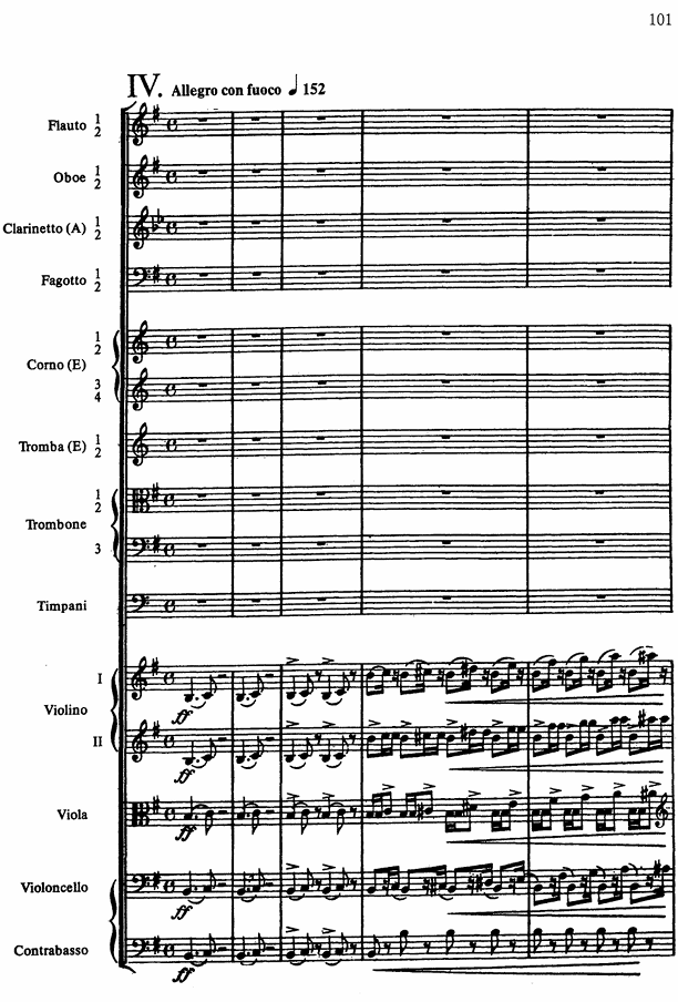 Orchesterpartitur Seite IV 'Allegro con fuoco' mit Instrumentenstimmen (Flöte, Oboe, Klarinette, Fagott, Hörner, Trompeten, Streicher, Pauken)